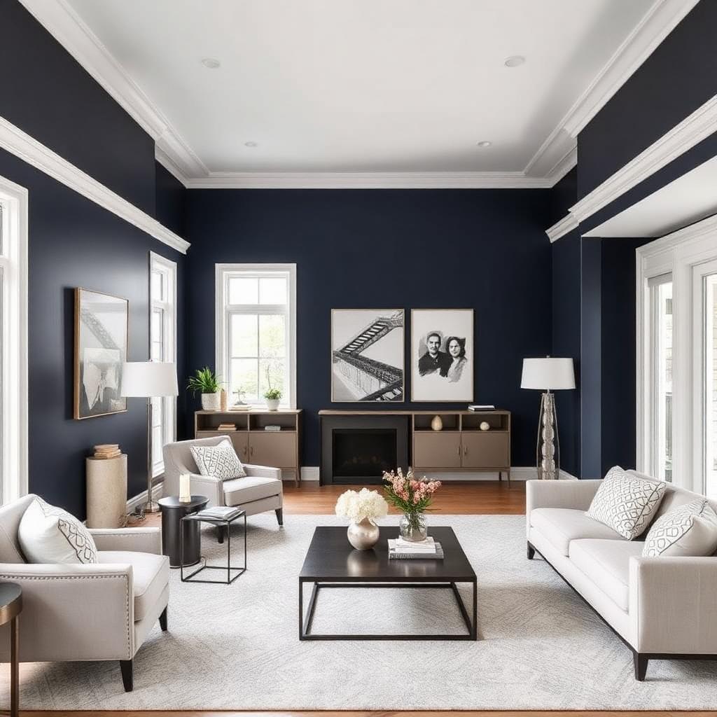 Navy accent wall living room