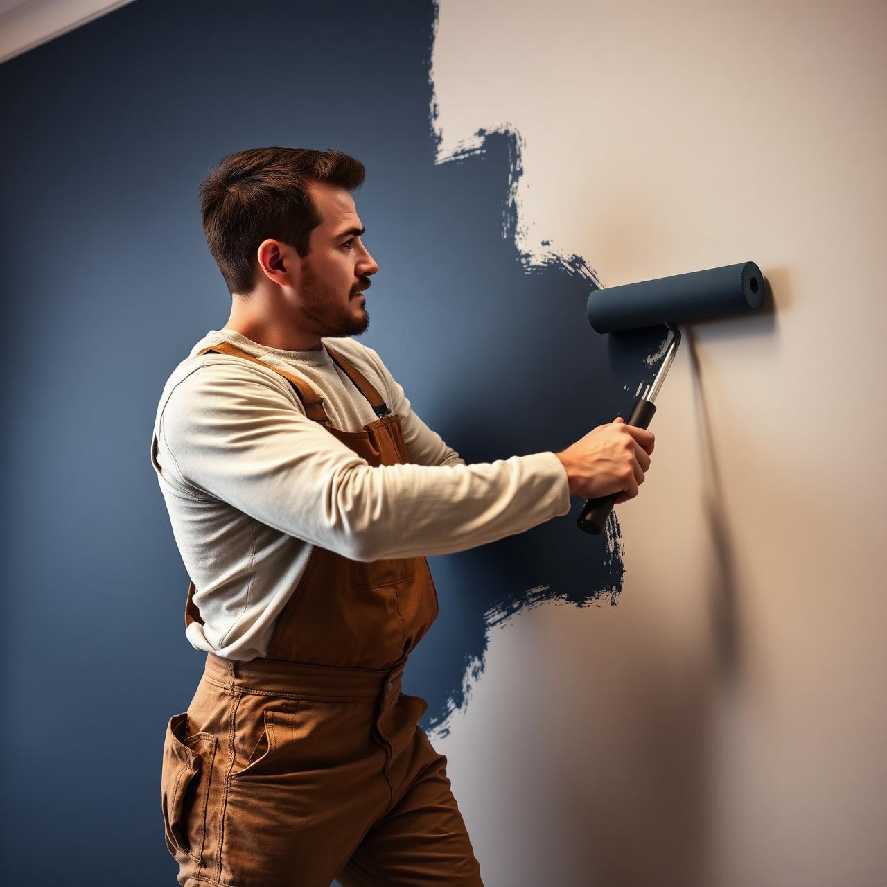 Painter rolling navy paint on a wall