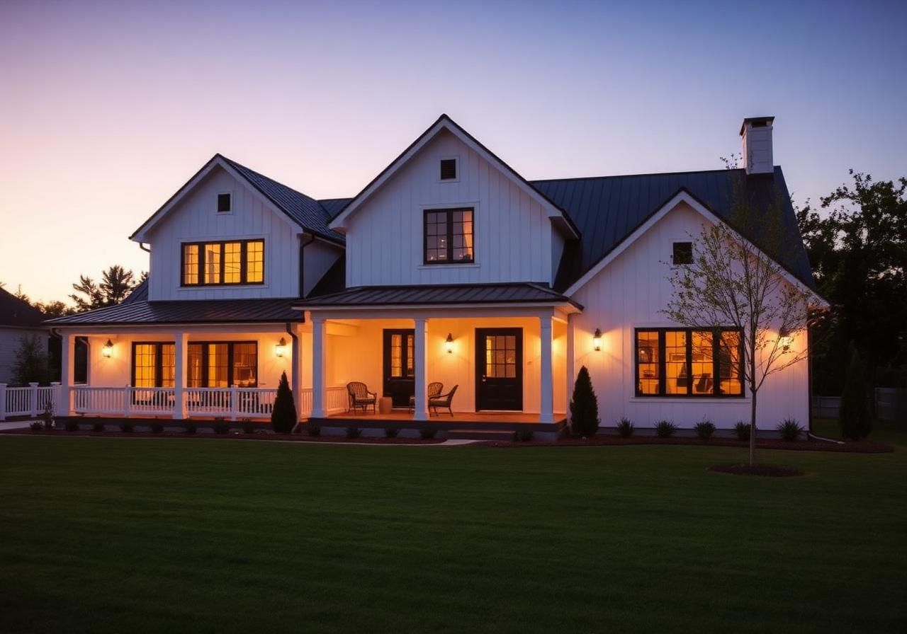 Modern residential home exterior at dusk